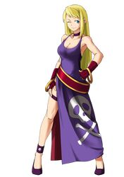  belt blonde_hair blue_eyes bonne_jenet bracelet breasts choker dress gloves hand_on_hip high_heels highres hips jewelry king_of_fighters leg_garter long_hair mark_of_the_wolves no~ma payot shoes skull smile snk solo transparent_background white_background wink 