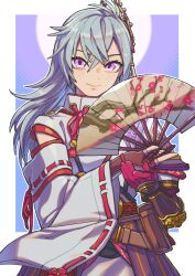  1girl aomi6297 commentary_request hair_between_eyes hair_branch hand_fan highres japanese_clothes kaguya_(rune_factory) long_hair looking_at_viewer red_rope rope rune_factory rune_factory:_guardians_of_azuma smile violet_eyes 