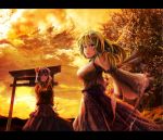  cloud clouds detached_sleeves frog green_hair hair_ornament khaki kochiya_sanae letterboxed long_hair mirror multiple_girls purple_eyes purple_hair red_eyes short_hair sky snake sunset torii touhou tree violet_eyes yasaka_kanako 