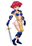  armor armored_dress bikini_armor boots character_request copyright_request earrings fantasy gauntlets jewelry purple_eyes red_hair redhead ryumage short_hair skirt solo sword violet_eyes weapon 