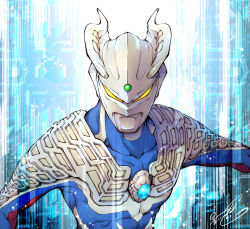  1boy abstract_background absurdres alien armor artist_name blue_background blue_skin breastplate collarbone color_timer colored_skin commentary eye_slugger forehead_jewel gem giant giant_male glowing glowing_eyes green_gem highres kageyama_shu light_particles looking_at_viewer male_focus multicolored_skin no_pupils patterned_background pectorals red_skin ribs shoulder_armor signature silver_skin solo tokusatsu toned toned_male tsurime ultra_galaxy_(series) ultra_series ultraman_zero upper_body yellow_eyes 