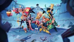  2girls 6+boys afro antlers attack bandana_around_arm bikini bikini_top_only black_hair black_suit blonde_hair bluelemondraws boots brook_(one_piece) buzz_cut commentary crossed_arms crown diable_jambe english_commentary feather_boa fire franky_(one_piece) full_body green_kimono haki_(one_piece) hand_in_pocket haramaki hat holding holding_staff holding_sword holding_weapon horns japanese_clothes jinbe_(one_piece) kimono long_hair looking_at_viewer monkey_d._luffy multiple_boys multiple_girls nami_(one_piece) nico_robin one_piece open_mouth orange_hair pink_sarong ponytail procreate_(medium) red_shirt reindeer_antlers roronoa_zoro sanji_(one_piece) sarong sash scar scar_on_chest sheath shirt short_hair skeleton staff standing standing_on_one_leg stitched_torso stitches straw_hat straw_hat_pirates suit swimsuit sword tony_tony_chopper unsheathing usopp very_short_hair weapon weapon_in_mouth 