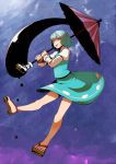  :p blue_eyes blue_hair geta heterochromia highres karakasa karakasa_obake no_socks oriental_umbrella red_eyes sandals short_hair solo tatara_kogasa tongue touhou umbrella yokohachi 