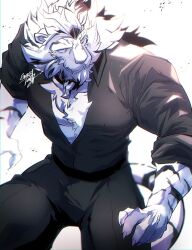  1boy animal_print arknights black_pants blurry blurry_background claws commentary cowboy_shot dappled_sunlight dress_shirt facing_to_the_side furry furry_male grassjeak grin highres looking_to_the_side male_focus mountain_(arknights) muscular muscular_male pants partially_unbuttoned shirt sleeves_rolled_up smile striped_fur sunlight tail tiger tiger_boy tiger_print tiger_tail toned toned_male turning_head white_background white_fur white_hair 