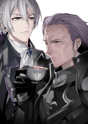  2boys armor black_armor butler cdgm000 closed_mouth commentary cup fire_emblem fire_emblem_fates grey_hair gunter_(fire_emblem) hair_between_eyes hair_slicked_back highres holding holding_cup jakob_(fire_emblem) multiple_boys old old_man teacup untranslatable_commentary 