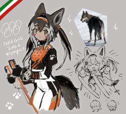  >_< 1girl 2026_winter_olympics :o animal_ears black_gloves black_hair black_pants black_sleeves blush_stickers brown_eyes brown_pants character_request chibi closed_eyes closed_mouth commentary copyright_request dog_ears dog_girl dog_tail dot_nose double-parted_bangs english_commentary english_text flying_sweatdrops fur-trimmed_gloves fur_trim gloves grey_background grey_hair hair_between_eyes hair_intakes hairband holding_ski_pole italian_flag jacket juliet_sleeves lapithai lineart long_hair long_sleeves multicolored_hair multicolored_hairband multicolored_jacket multicolored_pants multiple_views olympic_rings olympics open_mouth orange_hairband orange_jacket orange_pants pants paw_print personification photo-referenced puffy_sleeves simple_background ski_pole skiing skis smile sparkle tail twintails two-tone_hair two-tone_hairband white_hairband white_jacket white_pants 