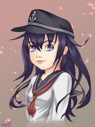  1girl akatsuki_(kantai_collection) anchor_symbol commentary flat_cap hair_between_eyes hat jay156 kantai_collection long_hair neckerchief petals purple_hair school_uniform serafuku upper_body violet_eyes 