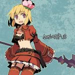  belt blonde_hair breasts cleavage fantasy_earth_zero fez flower front-tie_top garter_straps garters hair_flower hair_ornament jacket melampus midriff navel open_mouth purple_eyes red_legwear red_thighhighs short_hair skirt sleeves_past_wrists smile solo sorcerer staff tanaka_(cow) thigh-highs thighhighs violet_eyes 