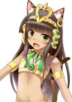  1girl animal_ears bastet_(p&amp;d) black_hair blush cat_ears cat_tail egyptian fangs green_eyes kuurunaitsu long_hair looking_at_viewer midriff navel open_mouth puzzle_&amp;_dragons simple_background solo tail white_background 