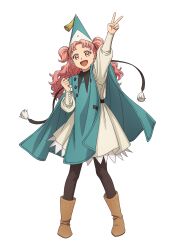  1girl arm_up artist_request black_pantyhose boots fluffy_hair full_body hat hat_tassel highres long_hair long_sleeves looking_at_viewer official_art open_mouth pantyhose pink_eyes pink_hair qifrey's_atelier_apprentice_uniform solo standing tetia_(tongari_boushi_no_atelier) tongari_boushi_no_atelier transparent_background v 