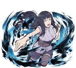  1girl black_hair black_shorts grey_eyes grey_shirt hyuuga_hinata long_hair looking_at_viewer naruto_(series) naruto_shippuuden naruto_shippuuden:_ultimate_ninja_blazing official_art open_mouth shirt shorts sleeveless sleeveless_shirt solo teeth 