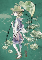  1girl blonde_hair brown_hat closed_mouth full_body green_background grey_eyes hat highres joakim4 leaf long_sleeves moriya_suwako purple_skirt purple_vest sandals shirt short_hair simple_background skirt solo standing touhou vest white_shirt wide_sleeves 