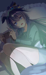  0niq 1girl absurdres animal_ears blue_eyes blue_hair blush breasts commentary_request controller ear_covers game_controller grey_shorts hair_between_eyes highres holding holding_controller holding_game_controller horse_ears horse_girl horse_tail long_hair long_sleeves mole mole_under_eye multicolored_hair open_mouth playing_games playing_video_games shirt shorts single_ear_cover solo tail umamusume verxina_(umamusume) 