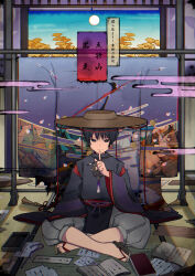  1boy absurdres architecture arm_at_side black_eyes black_hair black_sleeves blue_sky book brown_hat brown_sandals calligraphy_brush closed_mouth clothing_cutout clouds east_asian_architecture egasumi eyeliner full_moon genshin_impact geta grey_pants hand_up hat highres holding holding_calligraphy_brush holding_paintbrush ichimegasa index_finger_raised indian_style indoors inkstone kaedehara_kazuha kamisato_ayaka kuronushi_(genshin_impact) layered_sleeves looking_at_viewer makeup male_focus mitsudomoe_(shape) moon nakura_hakuto nihonga open_book paintbrush pants pelvic_curtain red_eyeliner red_sleeves sandals scaramouche_(genshin_impact) see-through_clothes see-through_veil shoulder_cutout sitting sky smile solo straight-on tassel tatami toenails toes tomoe_(symbol) torn_paper translation_request ukiyo-e veil venti_(genshin_impact) wide_sleeves wispy_bangs 