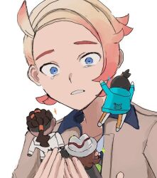  2boys 2girls artist_request blonde_hair blue_eyes chibi crying dark-skinned_male dark_skin harmony_(pokemon) holding holding_mini_person lida_(pokemon) male_focus mini_person miniboy minigirl multicolored_hair multiple_boys multiple_girls naveen_(pokemon) pokemon pokemon_legends:_z-a red_hair short_hair two-tone_hair urbain_(pokemon) white_background 