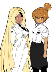  2girls apron arms_at_sides arms_behind_back bare_arms black_apron black_necktie black_pants breasts brown_eyes brown_hair buttons clenched_hand closed_mouth collared_shirt commentary_request cookie_run cookie_run:_ovenbreak croissant_cookie curly_sidelocks dark-skinned_female dark_skin dot_nose double-breasted double-parted_bangs dual_persona eyepatch feet_out_of_frame food-themed_hair from_above frown hair_between_eyes hair_bun highres humanization jacket korean_commentary lapels large_breasts long_hair long_sleeves looking_at_viewer multicolored_hair multiple_girls necktie notched_lapels ohta_guk_hip one_eye_covered pants pinstripe_pattern pinstripe_shirt shirt short_sleeves side-by-side sidelocks simple_background single_hair_bun small_breasts smile standing straight_hair streaked_hair tareme thick_thighs thighs tie_clip timekeeper_cookie tsurime turtleneck turtleneck_jacket two-tone_hair v-shaped_eyebrows very_long_hair waist_apron white_background white_jacket white_pants white_shirt yellow_eyes 