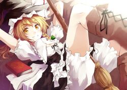  alternate_costume arms_behind_head blonde_hair bloomers book boots braid broom cross-laced_footwear curiosities_of_lotus_asia grin hat highres kirisame_marisa lace-up_boots leg_lift legs_up looking_at_viewer lying magic_circle nanahara_fuyuki on_back orange_eyes short_hair smile solo touhou witch witch_hat yellow_eyes 