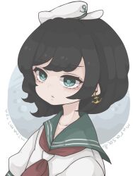  1girl anchor_earrings black_hair character_name closed_mouth commentary_request earrings green_eyes green_sailor_collar harukairo hat highres jewelry looking_at_viewer murasa_minamitsu neckerchief puffy_short_sleeves puffy_sleeves red_neckerchief sailor_collar sailor_hat shirt short_hair short_sleeves simple_background solo touhou upper_body white_background white_hat white_shirt 