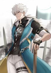  1boy aqua_coat artist_name black_gloves black_shirt bokken coat commentary_request cosplay fingerless_gloves genshin_impact gintama gloves highres looking_at_viewer necoco112061 pants red_eyes sakata_gintoki shirt solo sugita_tomokazu sword thigh_strap varka_(genshin_impact) varka_(genshin_impact)_(cosplay) voice_actor_connection weapon white_hair white_pants wooden_sword 