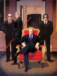  bald bandana billy_kane black_hair black_jacket black_necktie black_pants black_suit blonde_hair business_suit collared_shirt commentary dress_pants dress_shoes english_commentary fatal_fury formal_clothes geese_howard highres hopper_(fatal_fury) jacket lapels male_focus mori_toshiaki multiple_boys necktie official_art pant_suit pants ripper_(fatal_fury) shirt short_hair snk suit suit_jacket sunglasses 
