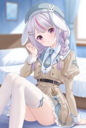  1girl absurdres animal_ears belt black_belt blue_hat blue_necktie blurry blurry_background blush braid brown_jacket brown_skirt buttons collared_shirt commentary_request curtains feet_out_of_frame floppy_ears frilled_skirt frills grey_hair hair_ornament hairclip hand_up hat highres indoors jacket juliet_sleeves long_hair long_sleeves looking_at_viewer miniskirt multicolored_hair necktie open_clothes open_jacket parallel_hairclips parted_lips puffy_sleeves rabbit_ears red_eyes red_streaks shirt short_necktie sitting skirt solo streaked_hair striped_clothes striped_headwear thick_eyebrows thigh-highs toketa-sekai tosaki_mimi twin_braids virtual_youtuber vspo! white_shirt white_thighhighs window 