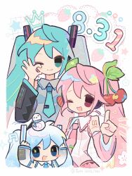  3girls :d ;) ;d absurdres aqua_eyes aqua_hair aqua_necktie aqua_trim arms_up bare_shoulders black_sleeves blue_eyes blue_hair blue_necktie blue_trim blush_stickers border breasts bright_pupils cherry_hair_ornament chinese_commentary closed_mouth collared_shirt commentary_request dated deformed detached_sleeves double-parted_bangs fewer_digits flower food-themed_hair_ornament food_print fruit_print grey_shirt grid_background hair_between_eyes hair_ornament hatsune_miku headphones headset heart highres index_finger_raised long_hair long_sleeves looking_at_viewer multiple_girls multiple_persona musical_note necktie no_pupils notice_lines number_tattoo ok_sign one_eye_closed open_mouth pink_eyes pink_hair pink_sleeves pink_trim sakura_miku shirt shoulder_tattoo simple_background sleeveless sleeveless_shirt small_breasts smile snowman snowman_on_head star-shaped_pupils star_(symbol) star_symbol_background strawberry_print symbol-shaped_pupils tareme tattoo tie_clip triangle tuteo twintails upper_body very_long_hair vocaloid white_background white_border white_flower white_shirt white_sleeves white_trim wide_sleeves yellow_pupils yuki_miku yuki_miku_(2010) 