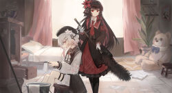  2girls absurdres armband bedroom beret black_dress black_hair black_hat black_pantyhose black_shirt black_skirt collared_shirt dress duster flower gloves gradient_hair hair_flower hair_ornament hat highres holding holding_duster indoors long_hair mahou_shoujo_no_majo_saiban multicolored_hair multiple_girls neck_ribbon necktie nikaido_hiro pantyhose pink_hair red_armband red_eyes red_necktie ribbon sakuraba_ema shirt short_hair skirt white_flower white_gloves white_hair white_ribbon white_shirt x_hair_ornament zongshi_jiu_du_ying_lai_luori 