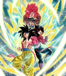  blue_eyes blue_sash body_fur commentary_request dragon_ball dragon_ball_gt dragon_ball_z_dokkan_battle gogeta highres long_hair looking_at_viewer male_focus metamoran_vest monkey_boy monkey_tail multiple_boys muscular muscular_male pants pectorals red_fur red_hair ryocchimen0508 saiyan sash smile son_goku spiky_hair super_saiyan super_saiyan_4 tail vegeta vest white_pants 