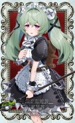  1girl animal_bag apron bear_bag belt black_dress blush breasts chain circular_saw commentary_request corin_wickes dress green_hair hair_between_eyes holding holding_saw long_hair looking_at_viewer maid maid_headdress nagi_(marthmoka) open_mouth puffy_short_sleeves puffy_sleeves saw screw_hair_ornament short_sleeves small_breasts solo twintails violet_eyes white_apron zenless_zone_zero 