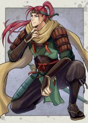  1boy armor commentary_request fire_emblem fire_emblem:_path_of_radiance fire_emblem:_radiant_dawn fire_emblem_heroes green_eyes headband highres japanese_armor kousetu0506 long_hair long_scarf male_focus ninja official_alternate_costume ponytail red_hair scarf shinon_(fire_emblem) shinon_(ninja)_(fire_emblem) solo yellow_scarf 