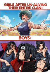 1boy 1girl black_coat black_nails black_pants black_shirt blood breasts burn_scar closed_eyes coat commentary death empty_eyes english_commentary english_text field flower flower_field frown headband highres jujutsu_kaisen large_breasts long_hair long_sleeves naruto_(series) naruto_shippuuden neggoartz nosebleed open_mouth pants purple_background rain red_eyes scar scar_on_face shirt short_hair short_sleeves simple_background smile spoilers teeth tongue uchiha_itachi wet yellow_flower zen'in_maki zen'in_maki_(post_shibuya) 