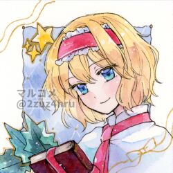  1girl 2zuz4hru alice_margatroid ascot blonde_hair blue_eyes capelet closed_mouth commentary_request grimoire_of_alice hairband happy looking_at_viewer painting_(medium) red_ascot red_hairband short_hair smile solo touhou traditional_media upper_body watercolor_(medium) white_capelet 