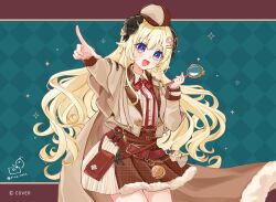  1girl :d animal_ears belt_pouch black_horns blonde_hair blue_background blue_eyes brown_jacket brown_skirt checkered_background commentary_request cowboy_shot deerstalker detective fur-trimmed_skirt fur_trim hair_ornament hairclip hat holding holding_magnifying_glass hololive horns jacket long_hair long_sleeves magnifying_glass neck_ribbon official_art open_mouth plaid_hat pouch red_ribbon ribbon rino_cnc sheep_ears sheep_girl sheep_horns shirt skirt smile solo tsunomaki_watame unmoving_pattern very_long_hair wavy_hair white_shirt 