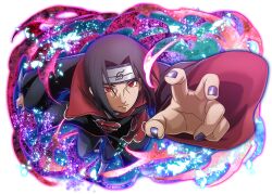  1boy akatsuki_uniform black_boots black_coat black_hair black_pants boots coat forehead_protector full_body holding holding_kunai holding_weapon konohagakure_symbol kunai looking_at_viewer naruto_(series) naruto_shippuuden naruto_shippuuden:_ultimate_ninja_blazing official_art open-toe_boots pants print_coat purple_nails reaching reaching_towards_viewer red_eyes sharingan short_hair solo uchiha_itachi weapon 