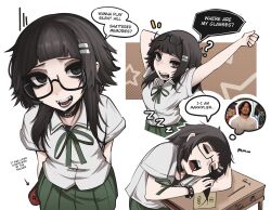 1girl ? absurdres arched_bangs arm_behind_head arms_up black-framed_eyewear black_choker black_eyes black_hair choker closed_eyes collared_shirt commentary controller cool_s desk english_commentary english_text game_controller glasses green_skirt hair_ornament hairclip head_rest highres holding holding_behind_back holding_controller holding_game_controller looking_at_viewer markiplier medium_hair mikuneki open_mouth original parallel_hairclips real_life riyo_kaede_(mikuneki) school_desk school_uniform semi-rimless_eyewear shirt skirt sleeping speech_bubble spoken_character stretching talking thought_bubble under-rim_eyewear white_shirt zzz 
