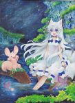  animal_ears blue_eyes bow butterfly creature dress long_hair mosho oil_painting_(medium) open_mouth original sitting smile solo traditional_media water white_dress white_hair 