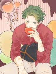  1boy absurdres balloon boku_no_hero_academia bwzb64761 collared_shirt commentary_request freckles green_eyes green_hair heart_balloon highres looking_at_viewer male_focus midoriya_izuku multiple_scars pants red_shirt scar scar_on_arm scar_on_face shirt sitting solo white_pants 