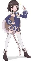  1girl black_hair blue_gem blush brown_eyes coat commentary_request detached_sleeves fur_coat gem highres hime_cut lapis_lazuline magical_girl mahou_shoujo_ikusei_keikaku mahou_shoujo_ikusei_keikaku_restart open_mouth riokasen short_hair smile thigh-highs v white_background white_thighhighs 