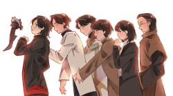  1girl 5boys akahongq bakugami_ryugi black_hair black_jacket byakuya_rikuo closed_eyes coat commentary_request glasses group_picture highres ichikawa_sumino jacket kumade_mashiro multiple_boys no.1_sentai_gozyuger red_shirt shirt short_hair simple_background super_sentai takehara_kinjiro white_background white_coat 