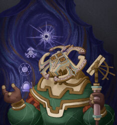  1girl alien commentary english_commentary extra_eyes fewer_digits fingerless_gloves gloves highres horns mask nomai outer_wilds rainyhaven robe solanum_(outer_wilds) standing third_eye 