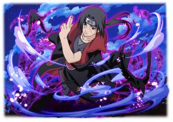  1boy akatsuki_uniform bird black_bird black_coat black_hair coat crow forehead_protector jewelry konohagakure_symbol looking_at_viewer naruto_(series) naruto_shippuuden:_ultimate_ninja_blazing night official_art outdoors print_coat red_eyes ring short_hair solo uchiha_itachi 