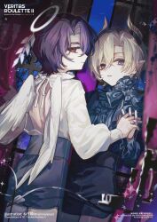 2boys absurdres alternate_costume angel_wings aventurine_(honkai:_star_rail) black_pants blonde_hair blue_eyes closed_mouth commentary_request dr._ratio_(honkai:_star_rail) feathered_wings frilled_shirt_collar frills hair_between_eyes hair_intakes halo highres holding_hands honkai:_star_rail honkai_(series) horns looking_at_viewer multicolored_eyes multiple_boys nerimono_(nekokoban22) pants parted_bangs puffy_sleeves purple_hair red_eyes shirt shorts teeth violet_eyes watermark white_halo white_shirt window wings 