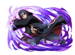  1boy akatsuki_uniform black_boots black_coat black_hair black_pants boots coat forehead_protector full_body holding holding_kunai holding_weapon jewelry konohagakure_symbol kunai looking_at_viewer naruto_(series) naruto_shippuuden naruto_shippuuden:_ultimate_ninja_blazing official_art open-toe_boots pants print_coat purple_nails red_eyes ring sharingan short_hair solo uchiha_itachi weapon 