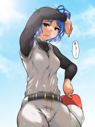  1girl aqua_eyes baseball_cap baseball_uniform belt black_belt black_shirt blue_hair blue_sky clouds cloudy_sky commentary_request hat highres holding holding_unworn_clothes holding_unworn_hat jikkyou_powerful_pro_yakyuu kakoogan one_side_up open_mouth pants shirt shirt_under_shirt short_hair sky solo speech_bubble sportswear tachibana_mizuki_(pawapro) translation_request unworn_hat unworn_headwear white_pants white_shirt wiping_sweat 