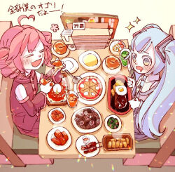 ahoge black_spaghetti blue_eyes blue_hair blush booth_seating closed_eyes commentary_request detached_sleeves doria_(food) drill_hair drink food fork fried_egg hatsune_miku holding holding_fork holding_knife kasane_teto kasane_teto_(utau) knife napkin_holder necktie pasta pizza pizza_cutter saizeriya shirt sitting skirt sleeveless sleeveless_shirt smile spaghetti table translation_request twin_drills twintails utau vocaloid zyorizyori1217 