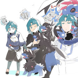  3_ma_me blue_eyes blue_hair blush comically_serious cyber_dragon cyber_end_dragon cyber_twin_dragon deino_(pokemon) dragon dragon_wings fangs highres hydreigon long_hair marufuji_ryo multiple_heads pokemon pokemon_(creature) sad serious simple_background smile white_background wings yu-gi-oh! zweilous 