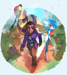  1boy alternate_color boots brown_boots brown_eyes brown_hair brown_pants commentary dark-skinned_female dark_skin english_commentary gardevoir grass highres holding holding_poke_ball jacket looking_to_the_side open_clothes open_jacket outdoors pants path poke_ball pokemon pokemon_(creature) purple_jacket shiny_pokemon sony-shock sparkle ultra_ball venonat vespiquen 