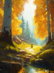  1boy absurdres artist_name autumn_leaves clouds cloudy_sky commentary english_commentary forest from_behind grass hat highres landscape leaf nature original outdoors painterly path pond raja_nandepu rock scenery sky tree 