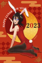  1girl 2023 animal_ears black_hair black_pantyhose bleach blue_eyes china_dress chinese_clothes chinese_new_year chinese_zodiac commentary dress from_side full_body hair_between_eyes happy_new_year highres jcell kemonomimi_mode kuchiki_rukia medium_hair no_shoes pantyhose rabbit_ears rabbit_girl rabbit_tail red_dress signature sitting solo tail wariza year_of_the_rabbit 
