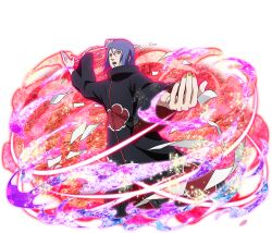  1girl akatsuki_uniform black_coat brown_eyes coat konan_(naruto) looking_at_viewer naruto_(series) naruto_shippuuden naruto_shippuuden:_ultimate_ninja_blazing official_art open_mouth orange_nails paper print_coat purple_hair short_hair solo teeth upper_teeth_only 